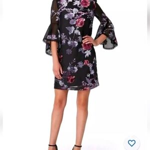Tahari Black Velvet Dark Floral Dress 3/4 Bell Sleeve Size 18W Whimsigoth Grunge